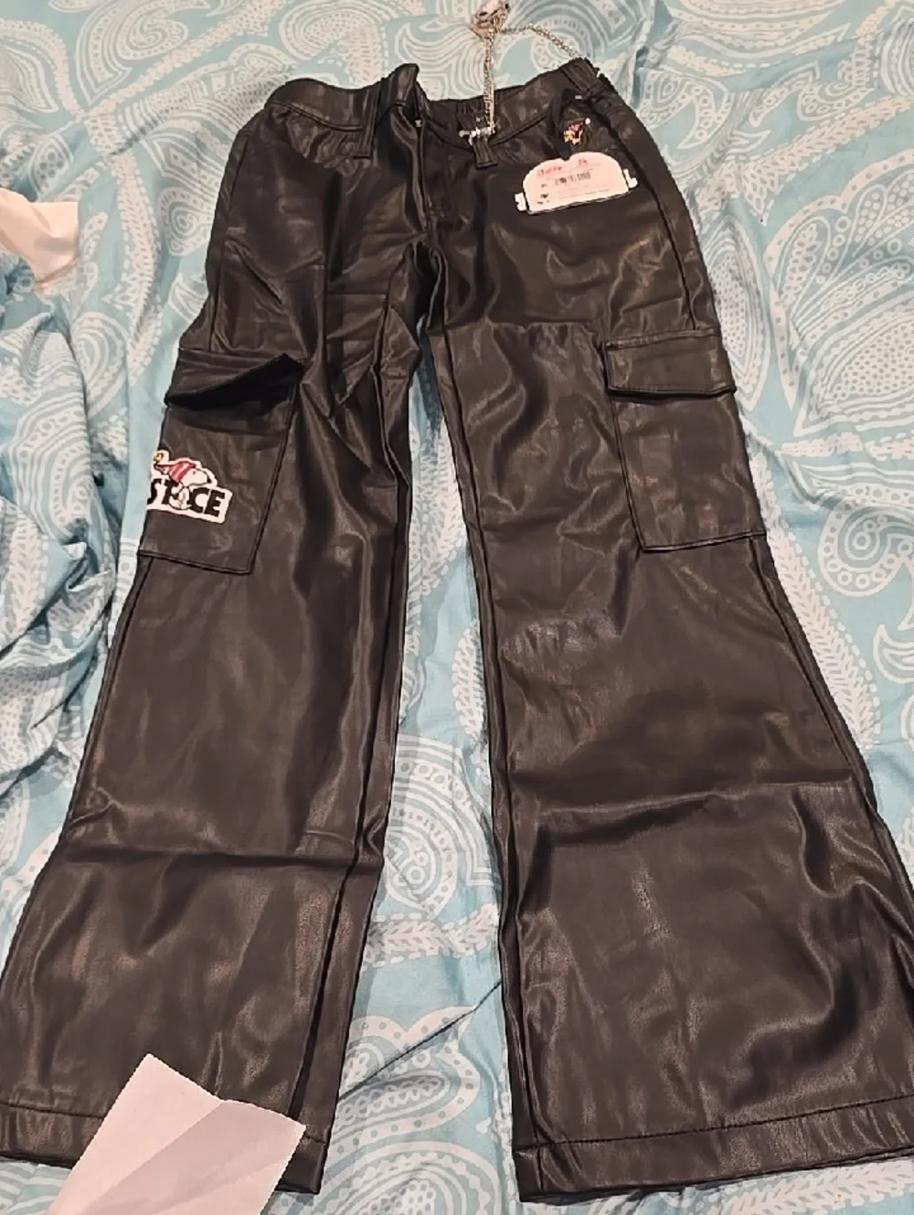New Black Faux Leather Cargo Pants with Patch Detail Snoopy